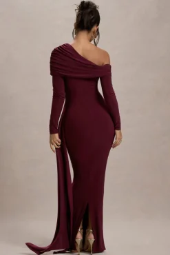 Valina | Burgundy Ruched Asymmetric Maxi Dress With Drape