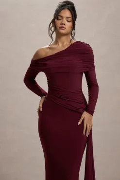 Valina | Burgundy Ruched Asymmetric Maxi Dress With Drape