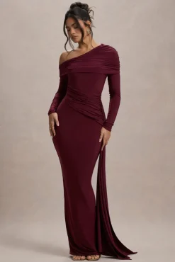 Valina | Burgundy Ruched Asymmetric Maxi Dress With Drape