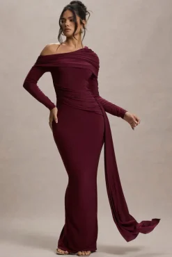 Valina | Burgundy Ruched Asymmetric Maxi Dress With Drape