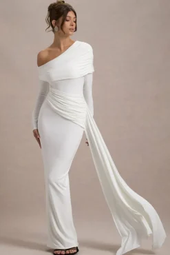 Valina | White Ruched Asymmetric Maxi Dress With Drape