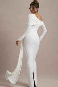 Valina | White Ruched Asymmetric Maxi Dress With Drape