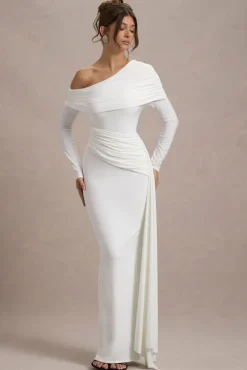 Valina | White Ruched Asymmetric Maxi Dress With Drape