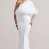 Valor | White Asymmetric Maxi Dress With Feather Trim