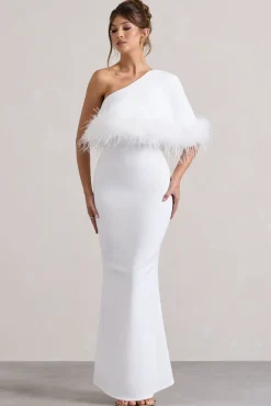 Valor | White Asymmetric Maxi Dress With Feather Trim