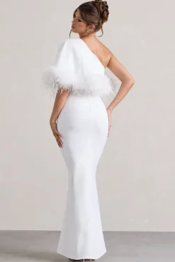 Valor | White Asymmetric Maxi Dress With Feather Trim
