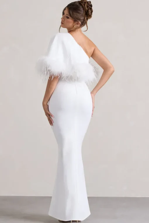 Valor | White Asymmetric Maxi Dress With Feather Trim
