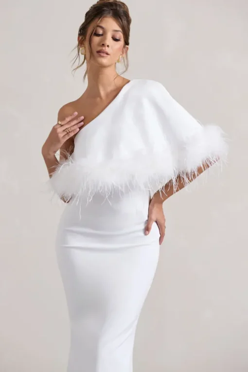 Valor | White Asymmetric Maxi Dress With Feather Trim