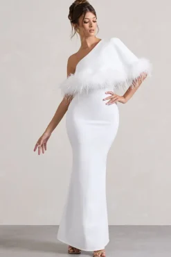 Valor | White Asymmetric Maxi Dress With Feather Trim
