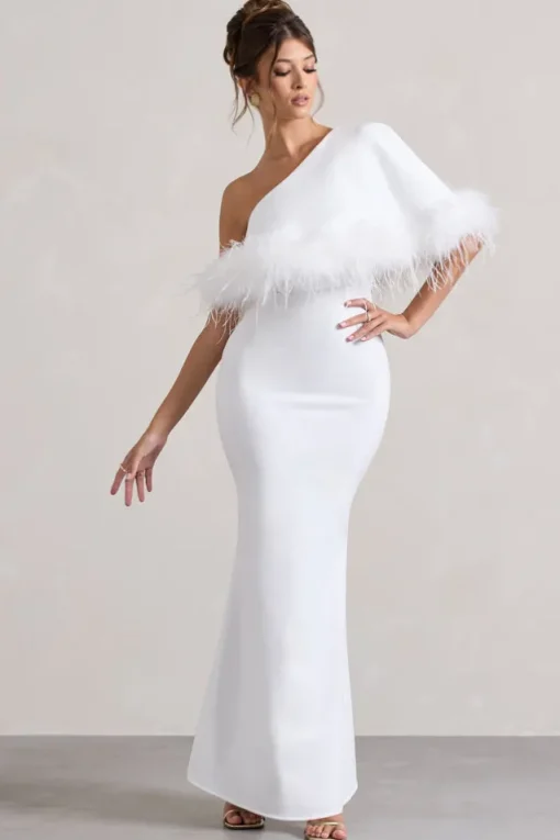 Valor | White Asymmetric Maxi Dress With Feather Trim