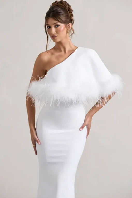 Valor | White Asymmetric Maxi Dress With Feather Trim