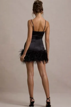 Vampira | Black Satin Corset Feather Mini Dress