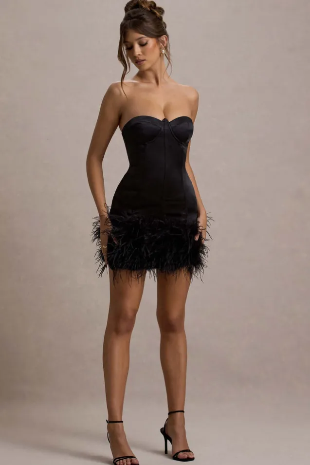 Vampira | Black Satin Corset Feather Mini Dress