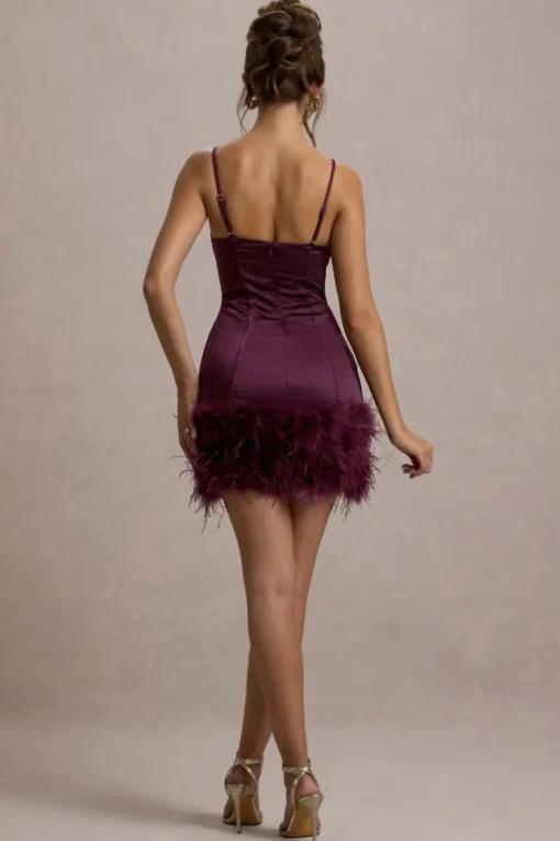 Vampira | Burgundy Satin Corset Feather Mini Dress