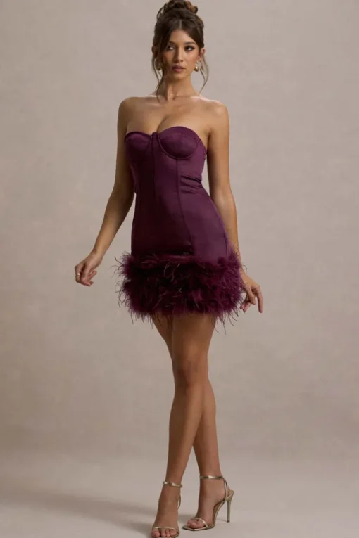 Vampira | Burgundy Satin Corset Feather Mini Dress