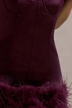 Vampira | Burgundy Satin Corset Feather Mini Dress