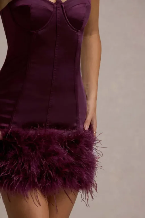 Vampira | Burgundy Satin Corset Feather Mini Dress