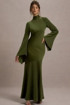 Veena | Olive Green Satin High-Neck Cut-Out Maxi Dress