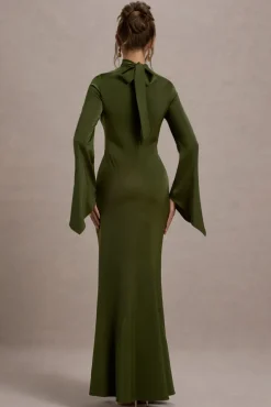 Veena | Olive Green Satin High-Neck Cut-Out Maxi Dress