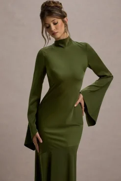 Veena | Olive Green Satin High-Neck Cut-Out Maxi Dress