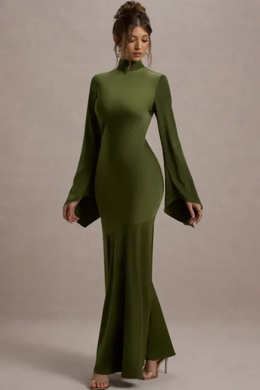 Veena | Olive Green Satin High-Neck Cut-Out Maxi Dress