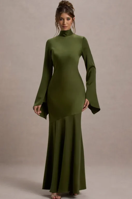Veena | Olive Green Satin High-Neck Cut-Out Maxi Dress