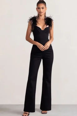 Verity | Black Feather Shoulder Corset Style Jumpsuit
