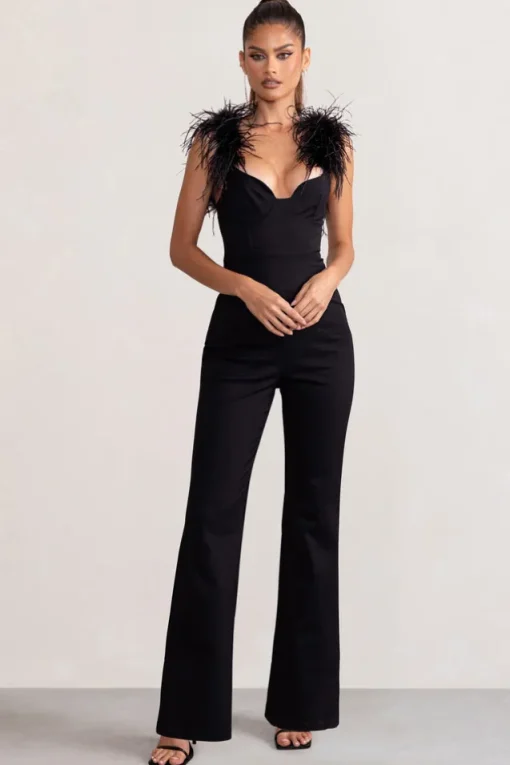 Verity | Black Feather Shoulder Corset Style Jumpsuit