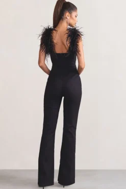 Verity | Black Feather Shoulder Corset Style Jumpsuit