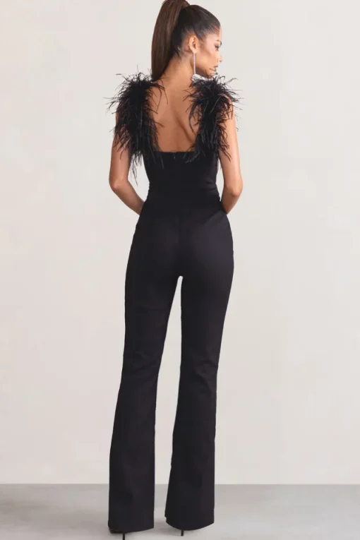 Verity | Black Feather Shoulder Corset Style Jumpsuit