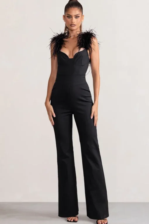 Verity | Black Feather Shoulder Corset Style Jumpsuit