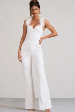 Verity | White Feather Shoulder Corset Style Jumpsuit