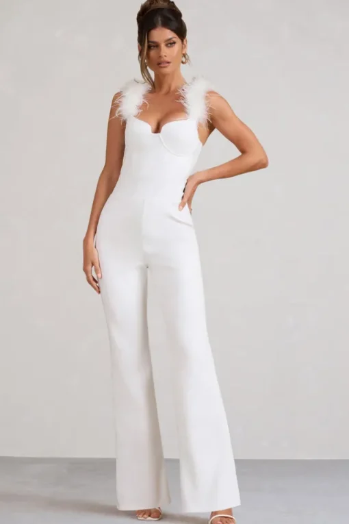 Verity | White Feather Shoulder Corset Style Jumpsuit