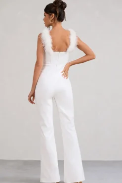 Verity | White Feather Shoulder Corset Style Jumpsuit