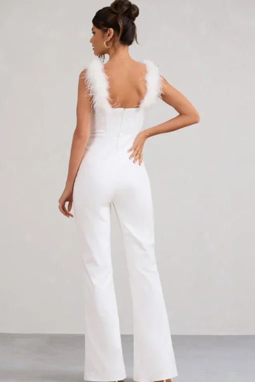 Verity | White Feather Shoulder Corset Style Jumpsuit