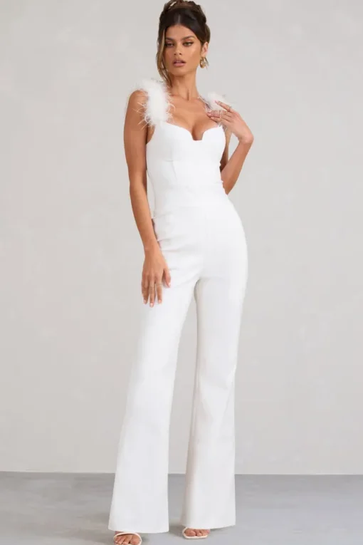 Verity | White Feather Shoulder Corset Style Jumpsuit