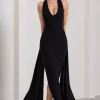 Veronica | Black Plunge Sleeveless Open-Back Maxi Dress With Drape Detail