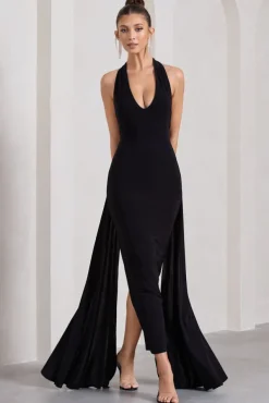 Veronica | Black Plunge Sleeveless Open-Back Maxi Dress With Drape Detail