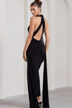 Veronica | Black Plunge Sleeveless Open-Back Maxi Dress With Drape Detail