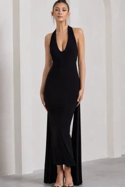 Veronica | Black Plunge Sleeveless Open-Back Maxi Dress With Drape Detail