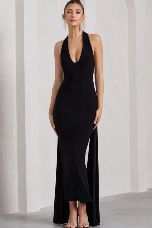 Veronica | Black Plunge Sleeveless Open-Back Maxi Dress With Drape Detail