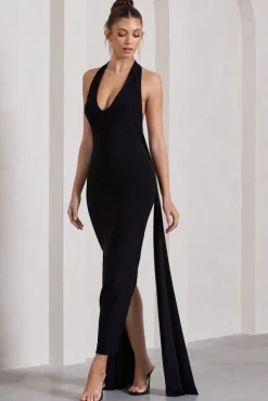 Veronica | Black Plunge Sleeveless Open-Back Maxi Dress With Drape Detail