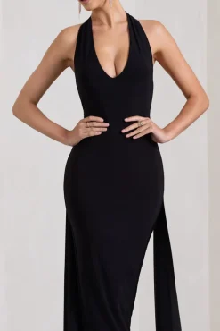 Veronica | Black Plunge Sleeveless Open-Back Maxi Dress With Drape Detail