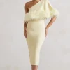 Victory | Lemon One Shoulder Midi Dress With Feather Trim