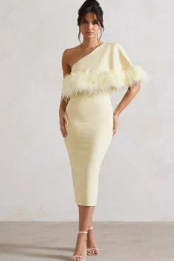 Victory | Lemon One Shoulder Midi Dress With Feather Trim