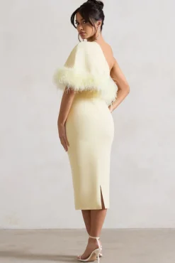 Victory | Lemon One Shoulder Midi Dress With Feather Trim
