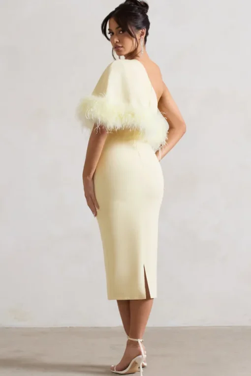 Victory | Lemon One Shoulder Midi Dress With Feather Trim
