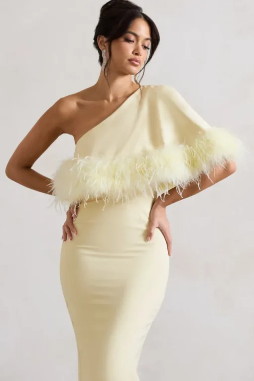 Victory | Lemon One Shoulder Midi Dress With Feather Trim