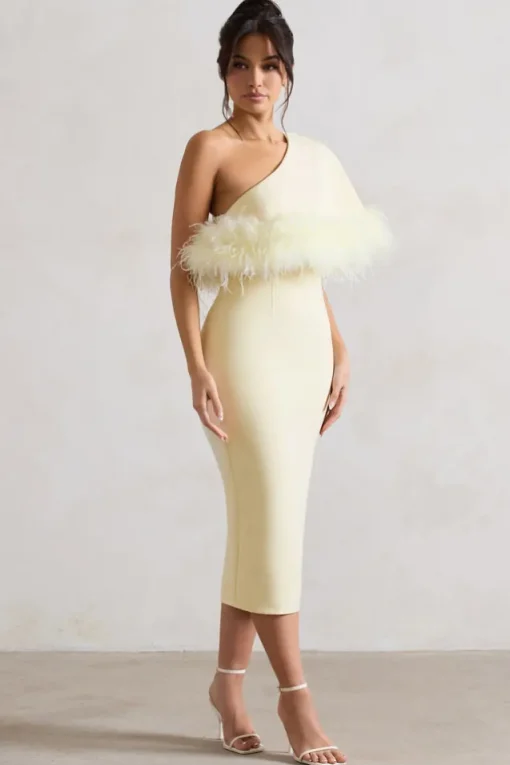 Victory | Lemon One Shoulder Midi Dress With Feather Trim