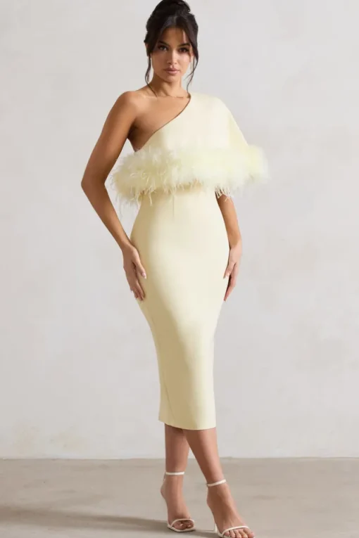 Victory | Lemon One Shoulder Midi Dress With Feather Trim